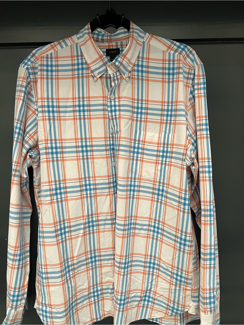 J. Crew Men’s White Button-Down Shirt with Blue & Orange Plaid